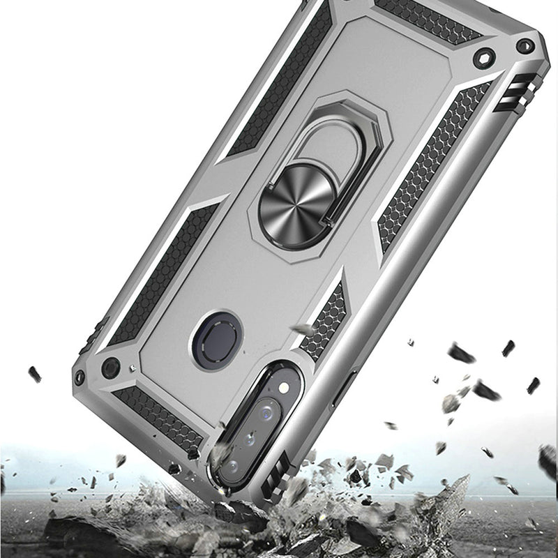 For Samsung A02s Magnetic Ring Kickstand Hybrid Case Cover - Silver