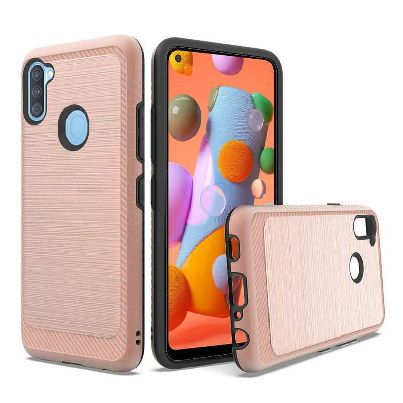 For Samsung Galaxy A11 Slick Tough Metallic Design Hybrid Case Cover - Rose Gold