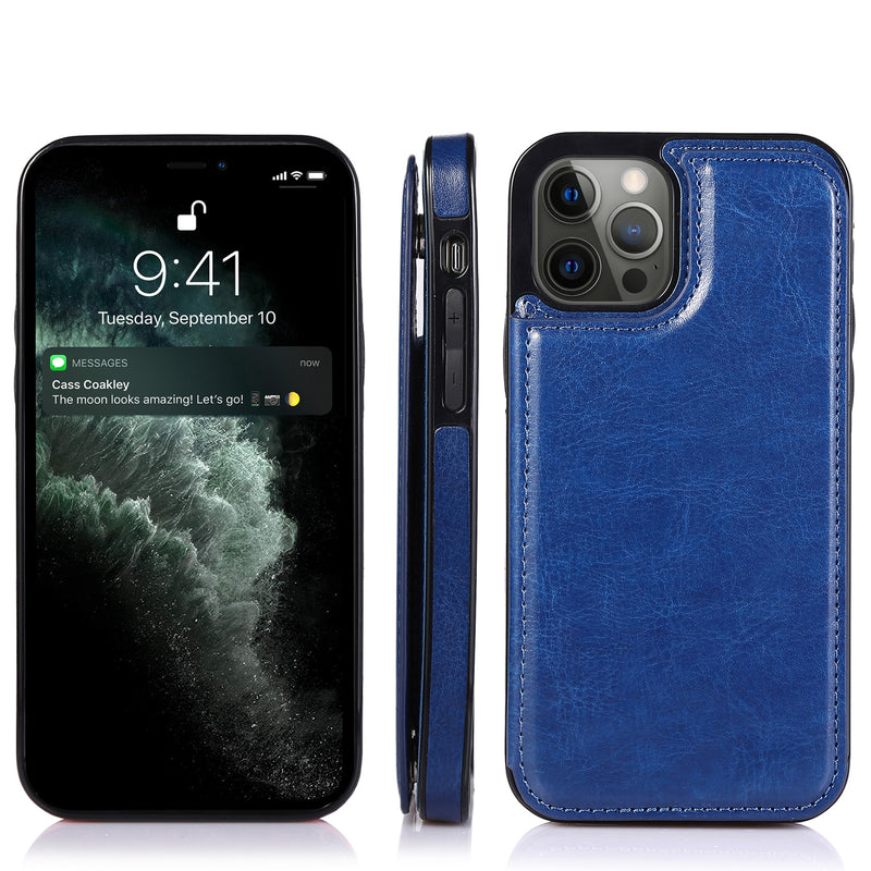 For Apple iPhone 14 PRO 6.1" Luxury Side Magnetic Button Card ID Holder PU Leather Case Cover - Dark Blue