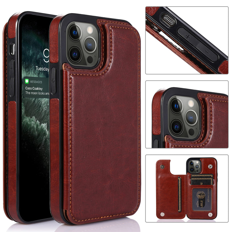 For iPhone 14 PLUS Luxury Side Magnetic Button Card ID Holder PU Leather Case Cover - Brown