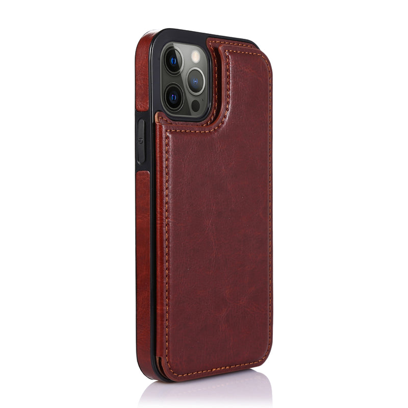 For iPhone 14 PLUS Luxury Side Magnetic Button Card ID Holder PU Leather Case Cover - Brown