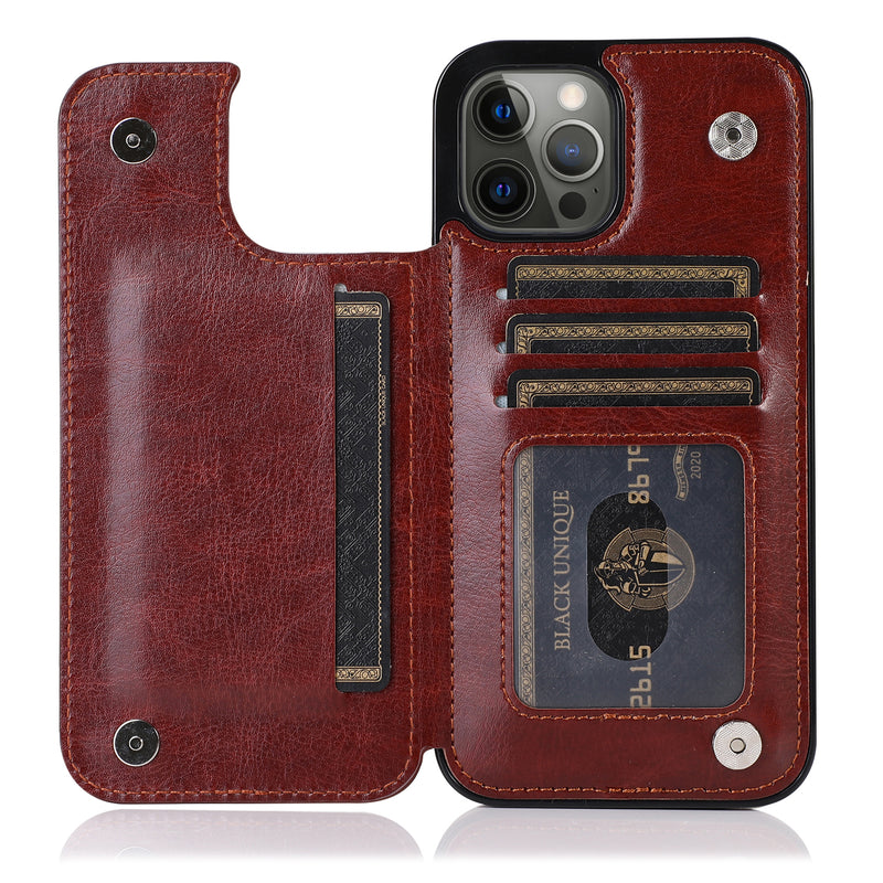 For iPhone 14 PLUS Luxury Side Magnetic Button Card ID Holder PU Leather Case Cover - Brown