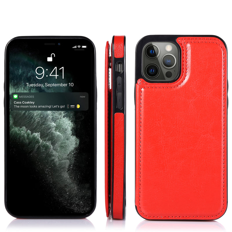 For Apple iPhone 14 PRO MAX 6.7" Luxury Side Magnetic Button Card ID Holder PU Leather Case Cover - Red