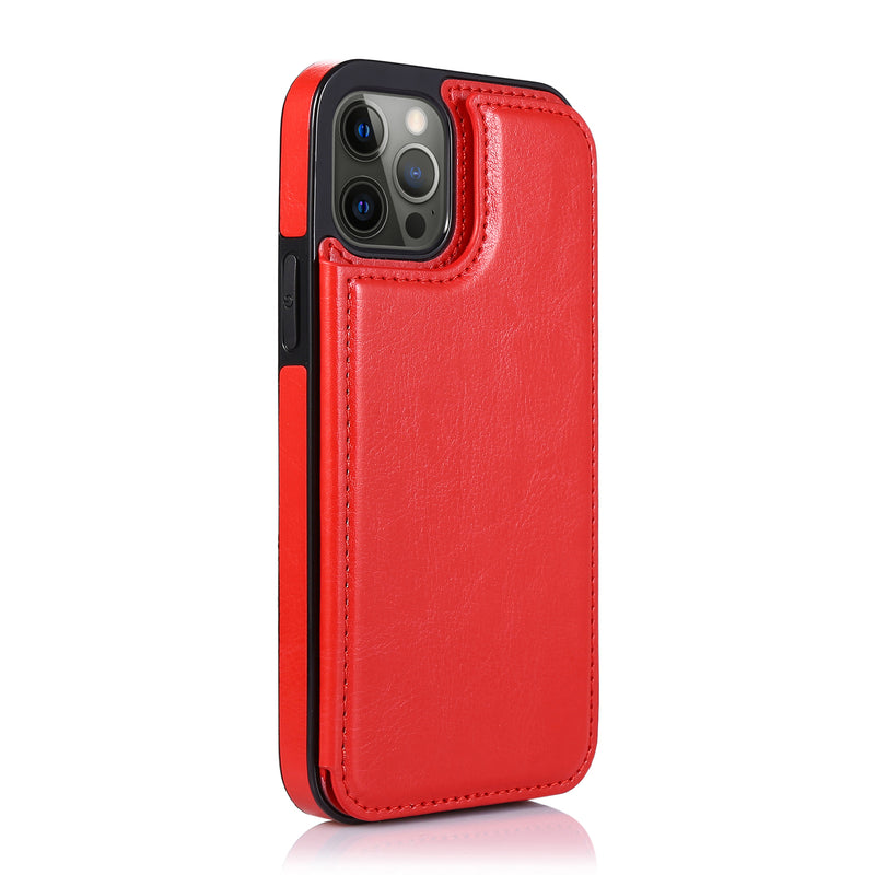 For Apple iPhone 14 PRO MAX 6.7" Luxury Side Magnetic Button Card ID Holder PU Leather Case Cover - Red