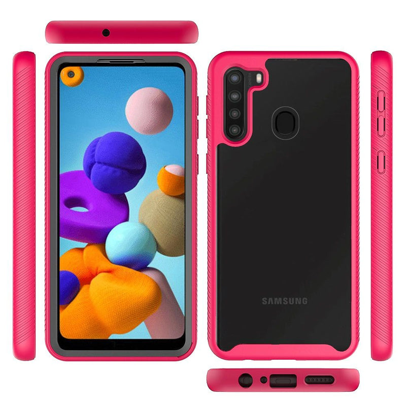 For Samsung Galaxy A21 Strong Bumper Shockproof Transparent Case Cover - Clear/Hot Pink