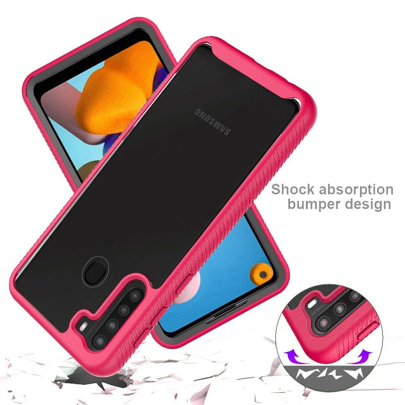 For Samsung Galaxy A21 Strong Bumper Shockproof Transparent Case Cover - Clear/Hot Pink