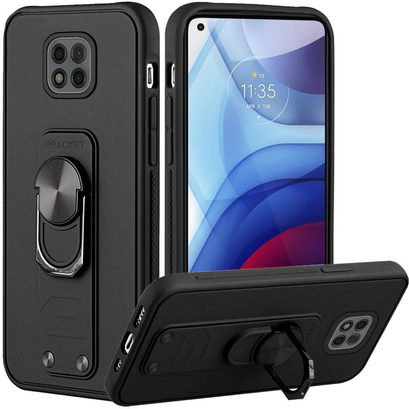 For Motorola Moto G Power 2021 Solid Lever Magnetic Ring Stand Tough Hybrid Case Cover - Black