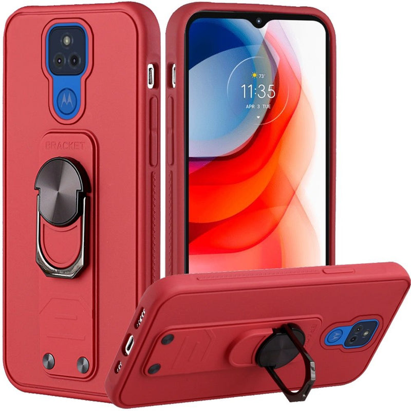 For Motorola Moto G Play 2021 Solid Lever Magnetic Ring Stand Tough Hybrid Case Cover - Red