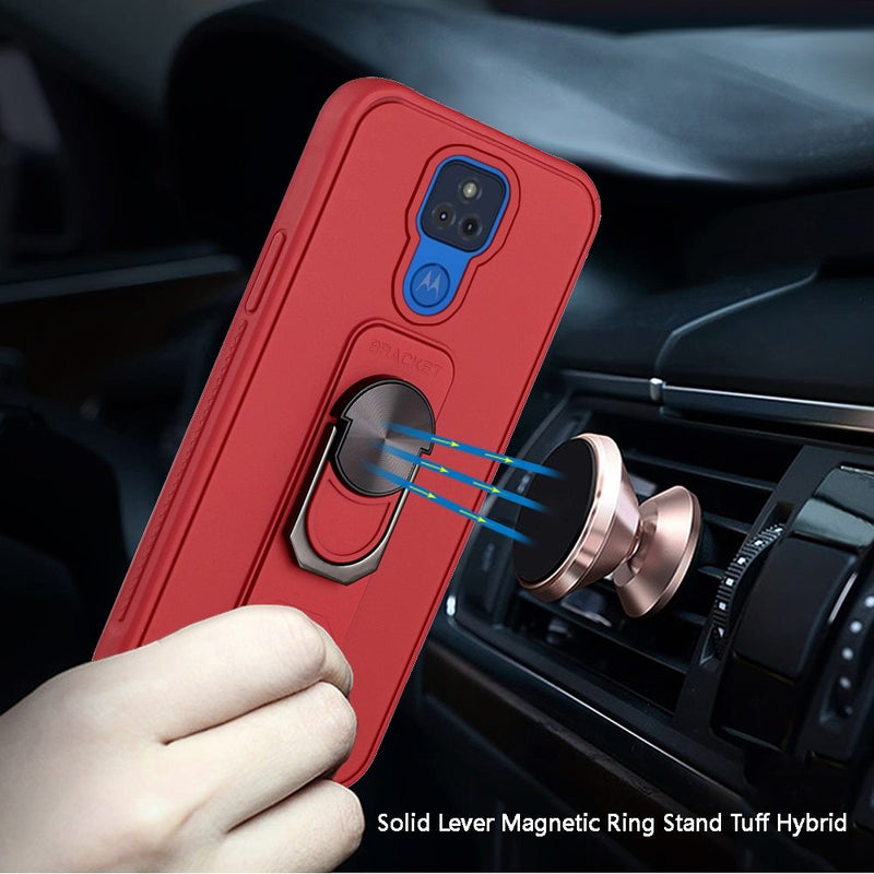 For Motorola Moto G Play 2021 Solid Lever Magnetic Ring Stand Tough Hybrid Case Cover - Red