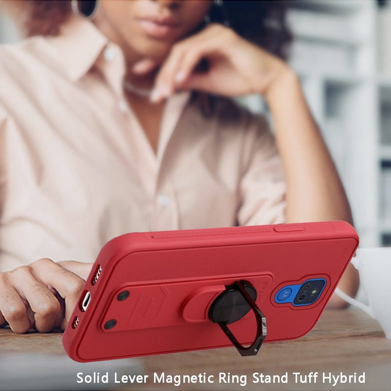 For Motorola Moto G Play 2021 Solid Lever Magnetic Ring Stand Tough Hybrid Case Cover - Red