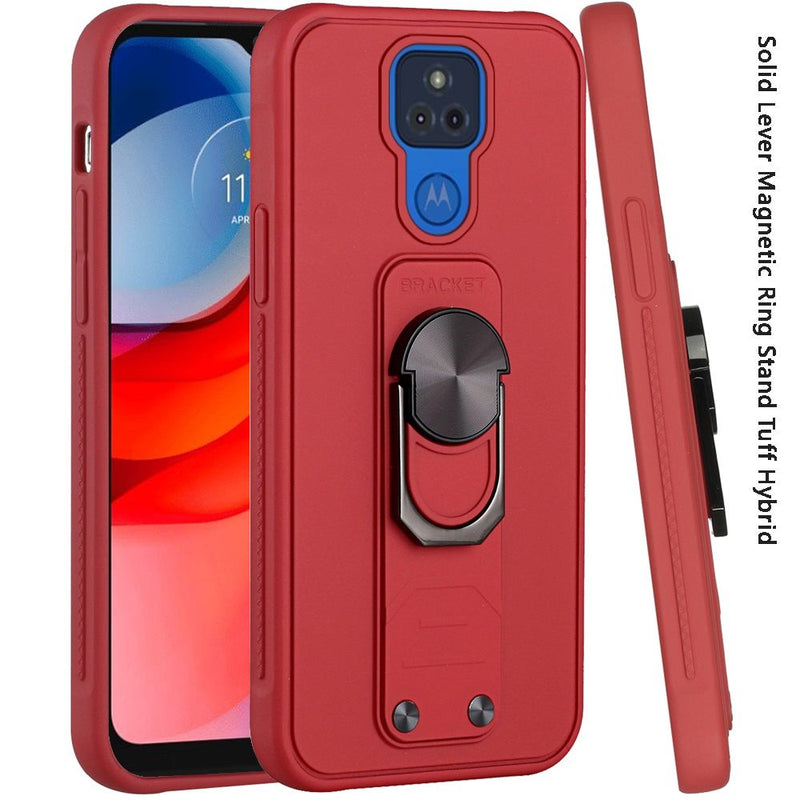 For Motorola Moto G Play 2021 Solid Lever Magnetic Ring Stand Tough Hybrid Case Cover - Red