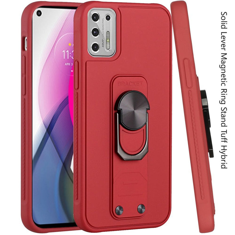 For Moto G Stylus 2021 Solid Lever Magnetic Ring Stand Tough Hybrid Case Cover - Red