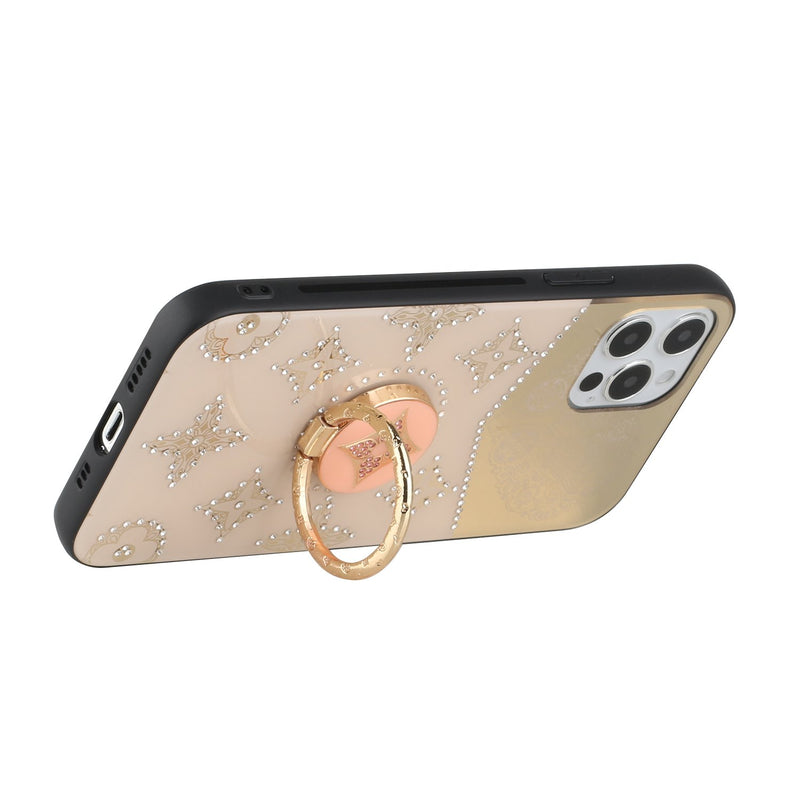 For iPhone 12/Pro (6.1 Only) SPLENDID Diamond Glitter Ornaments Engraving Case Cover - Bird Heart Gold