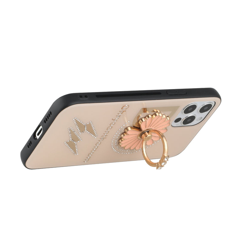For iPhone 13 Pro SPLENDID Diamond Glitter Ornaments Engraving Case Cover - Flower Ring Gold