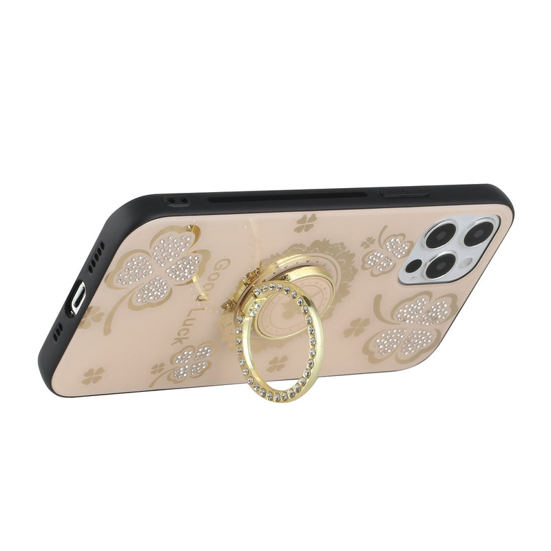 For iPhone 12/Pro (6.1 Only) SPLENDID Diamond Glitter Ornaments Engraving Case Cover - Good Luck Floral Gold