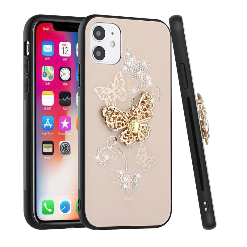 For iPhone 13 6.1 SPLENDID Diamond Glitter Ornaments Engraving Case Cover - Garden Butterflies Gold