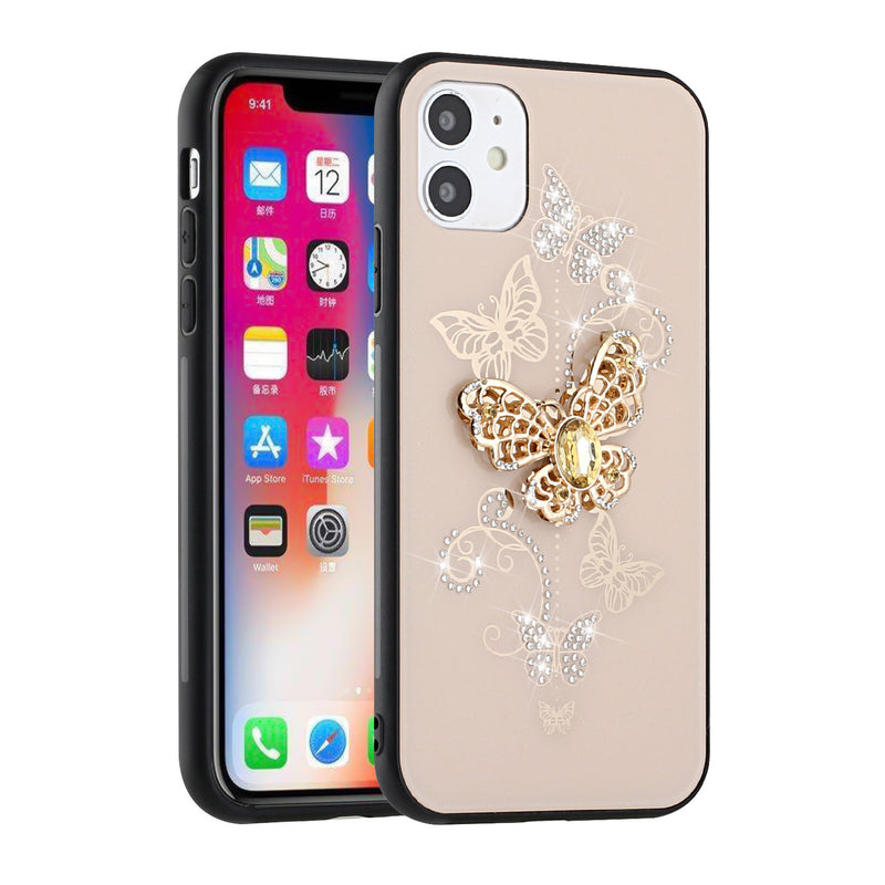 For iPhone 13 6.1 SPLENDID Diamond Glitter Ornaments Engraving Case Cover - Garden Butterflies Gold