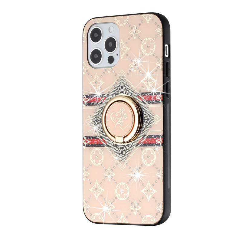 For iPhone 12/Pro (6.1 Only) SPLENDID Diamond Glitter Ornaments Engraving Case Cover - Love Floral Gold