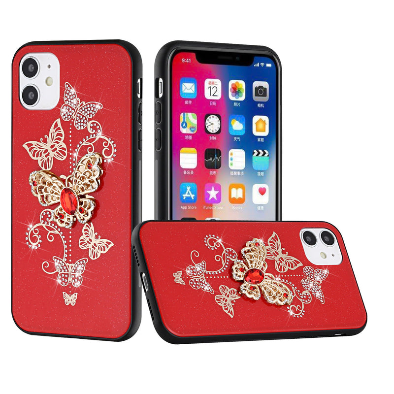 For Apple iPhone 12/Pro 6.1 SPLENDID Diamond Glitter Ornaments Engraving Case Cover - Garden Butterflies Red