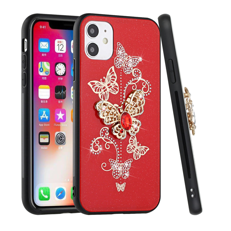 For Apple iPhone 11 6.1 SPLENDID Diamond Glitter Ornaments Engraving Case Cover - Garden Butterflies Red