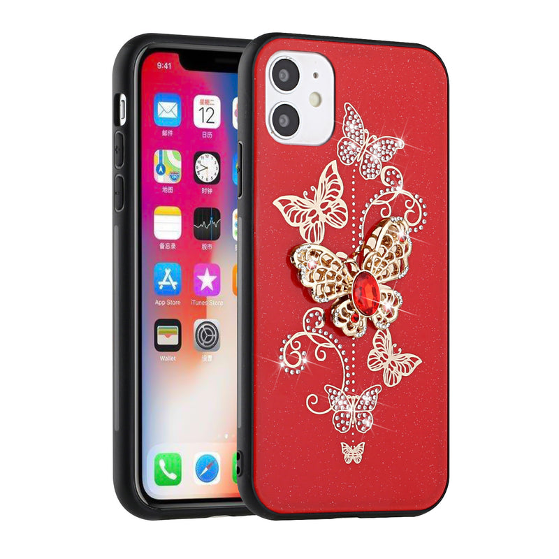 For iPhone 13 Pro SPLENDID Diamond Glitter Ornaments Engraving Case Cover - Garden Butterflies Red
