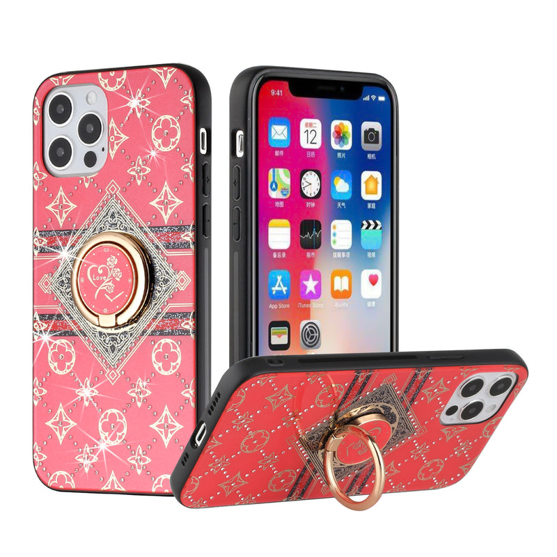 For iPhone 12/Pro (6.1 Only) SPLENDID Diamond Glitter Ornaments Engraving Case Cover - Love Floral Red