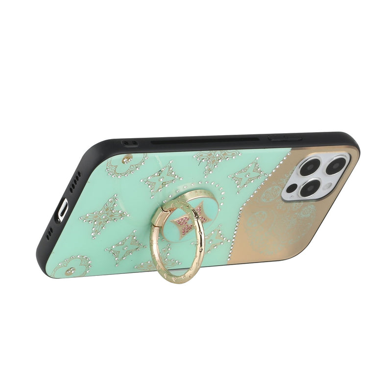 For iPhone 12/Pro (6.1 Only) SPLENDID Diamond Glitter Ornaments Engraving Case Cover - Bird Heart Teal