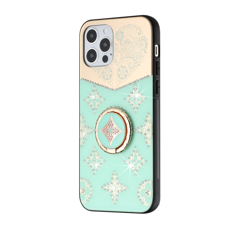 For iPhone 12/Pro (6.1 Only) SPLENDID Diamond Glitter Ornaments Engraving Case Cover - Bird Heart Teal
