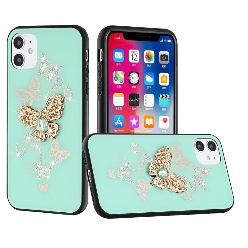 For Apple iPhone 12/Pro 6.1 SPLENDID Diamond Glitter Ornaments Engraving Case Cover - Garden Butterflies Teal