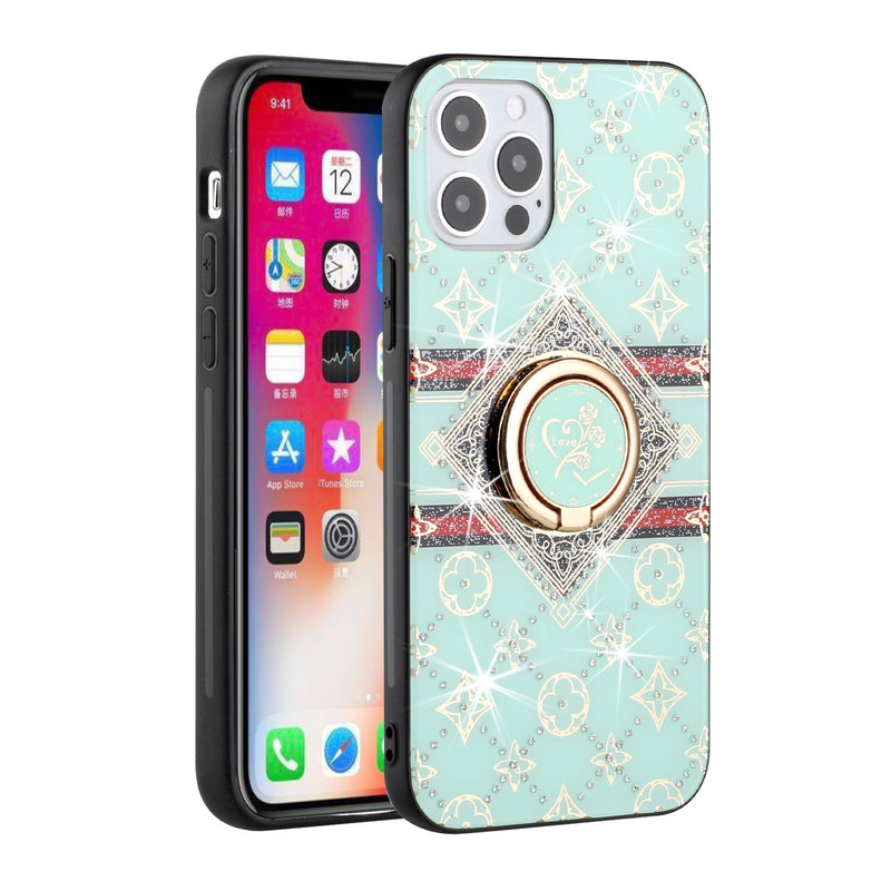 For iPhone 12/Pro (6.1 Only) SPLENDID Diamond Glitter Ornaments Engraving Case Cover - Love Floral Teal