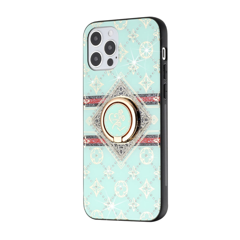 For iPhone 12/Pro (6.1 Only) SPLENDID Diamond Glitter Ornaments Engraving Case Cover - Love Floral Teal