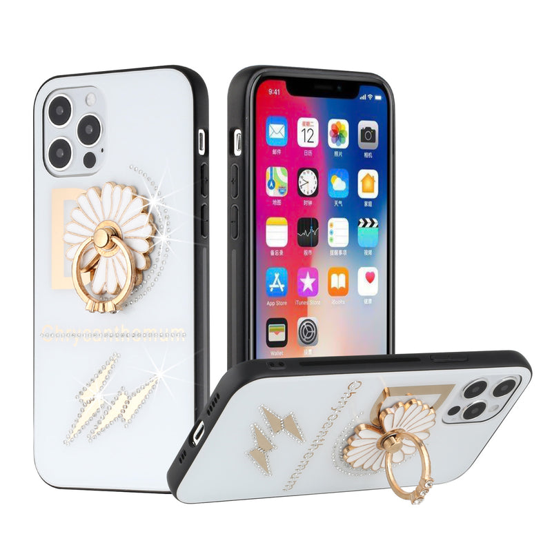 For iPhone 13 Pro SPLENDID Diamond Glitter Ornaments Engraving Case Cover - Flower Ring White