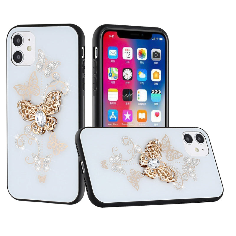 For iPhone 13 Pro SPLENDID Diamond Glitter Ornaments Engraving Case Cover - Garden Butterflies White