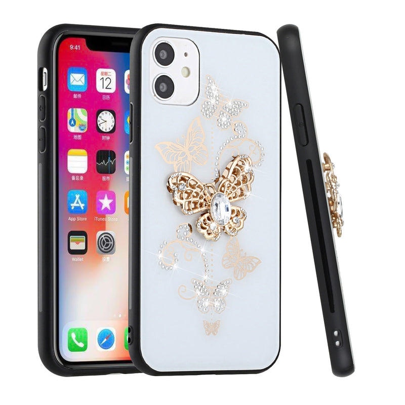 For iPhone 13 6.1 SPLENDID Diamond Glitter Ornaments Engraving Case Cover - Garden Butterflies White