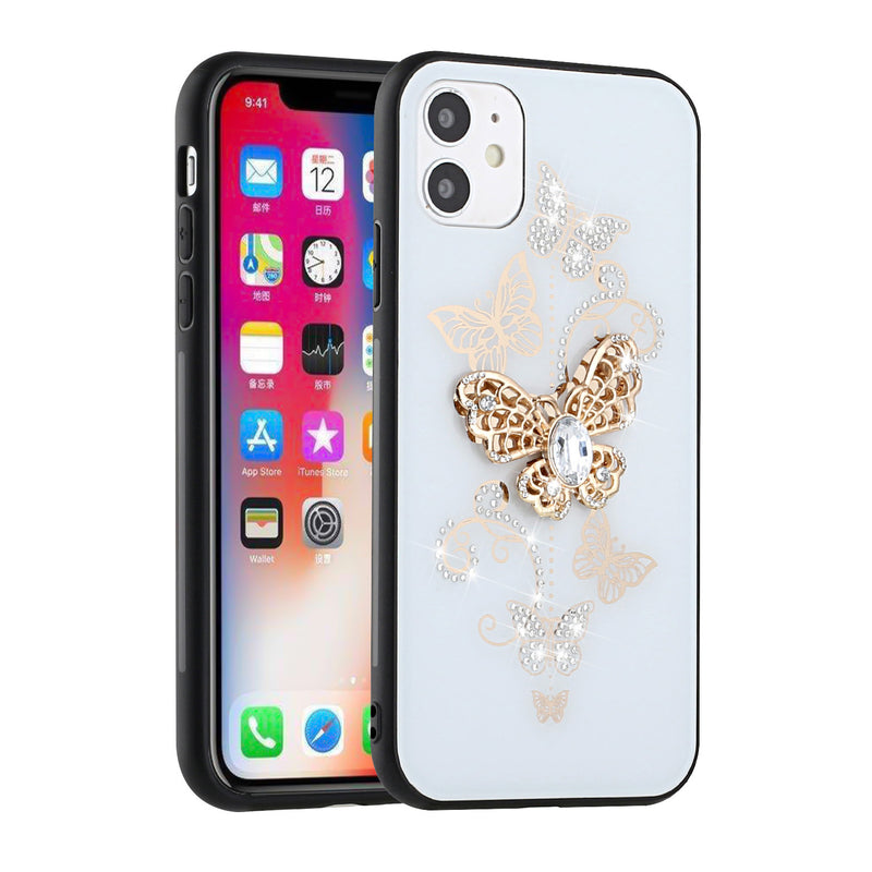 For iPhone 13 6.1 SPLENDID Diamond Glitter Ornaments Engraving Case Cover - Garden Butterflies White