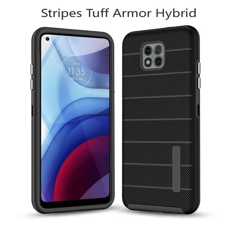 For Motorola Moto G Power 2021 Stripes Tough Strong Hybrid Case Cover - Black