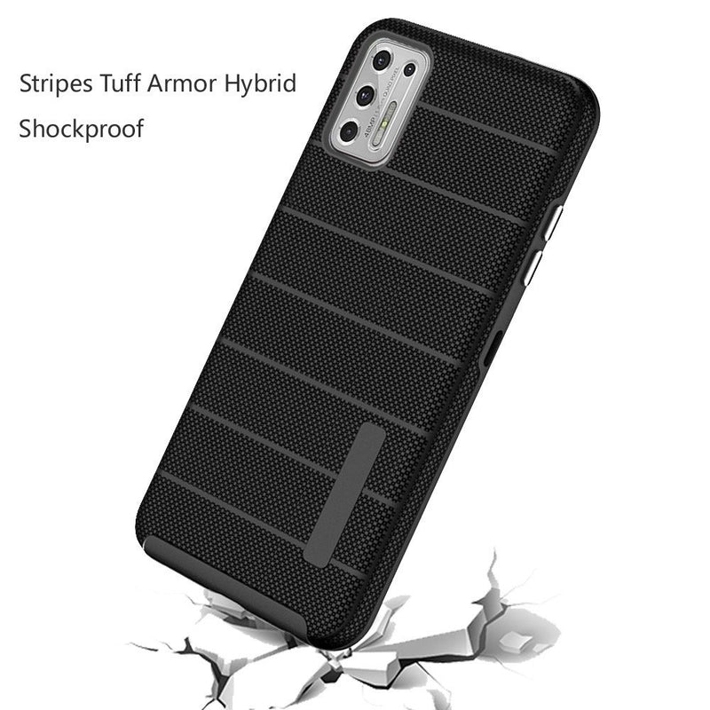 For Moto G Stylus 2021 Stripes Tough Strong Hybrid Case Cover - Black