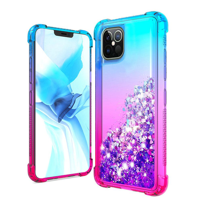 Two-Tone Quicksand Glitter Cover Case For iPhone 12/Pro (6.1 Only) - Blue+Hot Pink