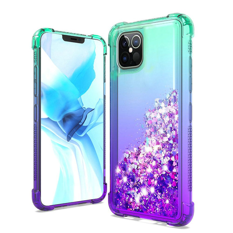 Two-Tone Quicksand Glitter Cover Case For iPhone 12/Pro (6.1 Only) - Teal+Purple