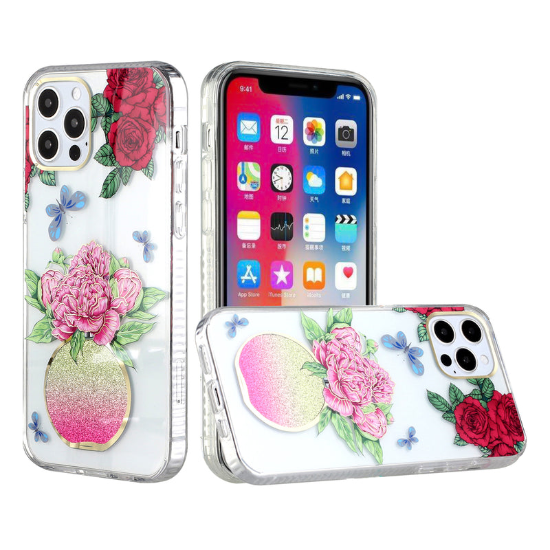 For iPhone 12 Pro Max 6.7 Trendy Fashion Design Hybrid Case Cover - Red Roses Perfume Butterfly
