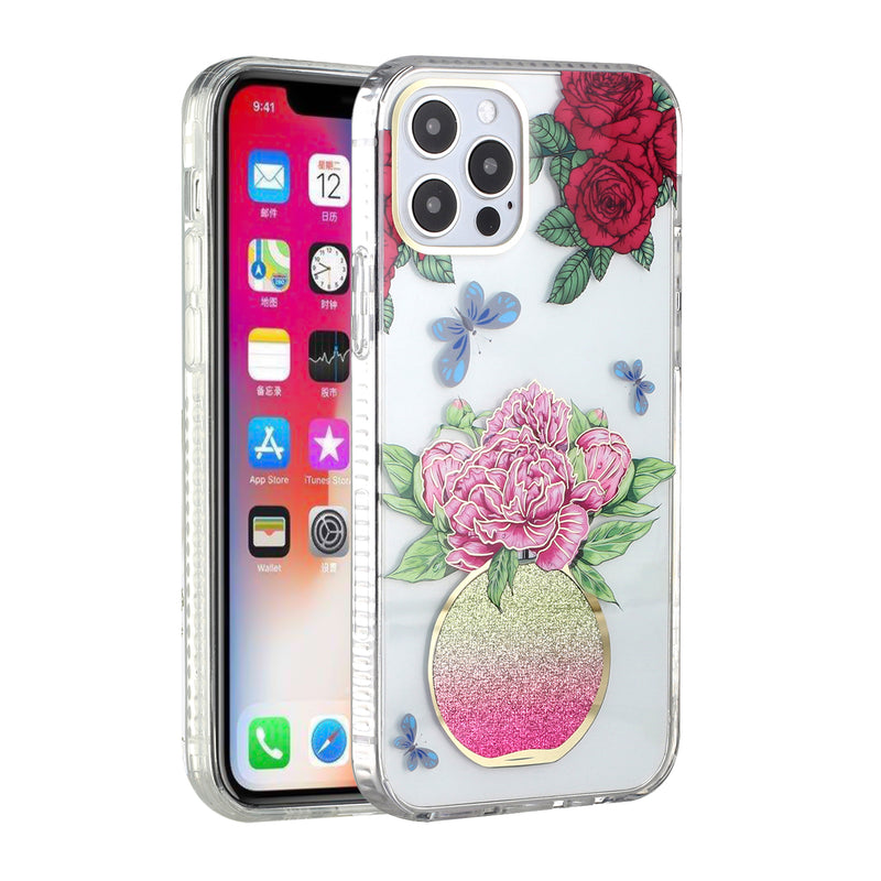 For iPhone 12 Pro Max 6.7 Trendy Fashion Design Hybrid Case Cover - Red Roses Perfume Butterfly