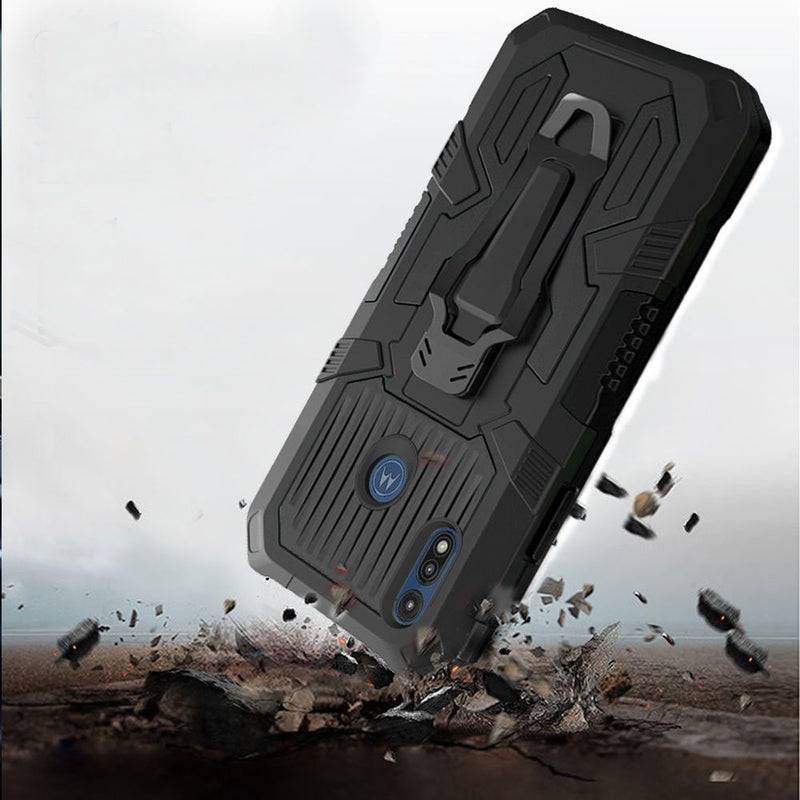 For Motorola Moto E (2020) Travel Kickstand Clip Hybrid Case Cover - Black