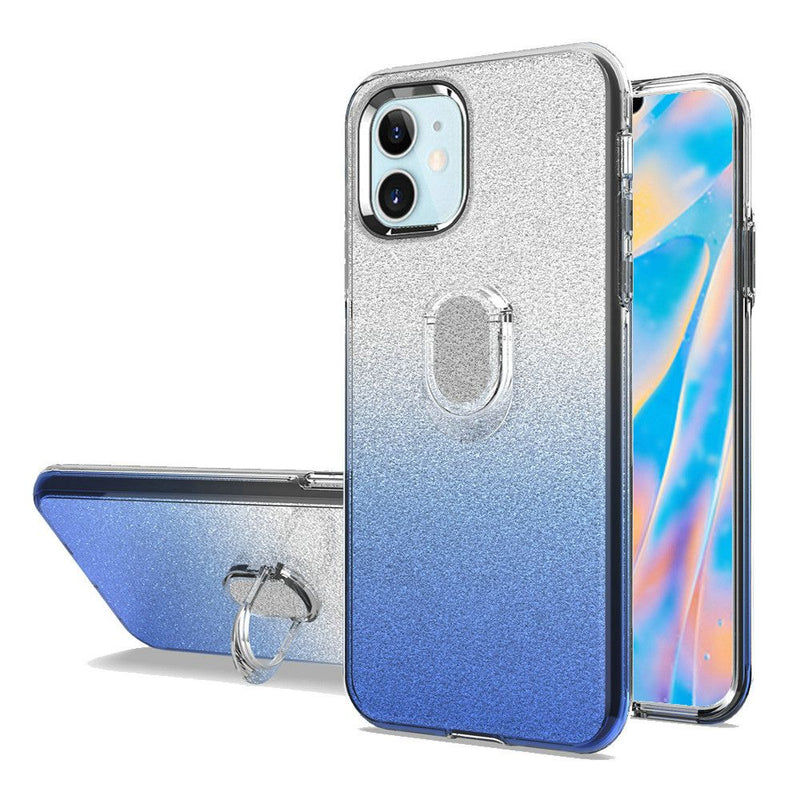 For iPhone 12 Mini 5.4 Gradient Shimmering Glitter RingStand Case Cover - Silver/Blue