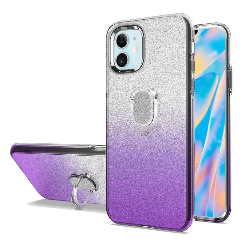 For iPhone 12 Mini 5.4 Gradient Shimmering Glitter RingStand Case Cover - Silver/Purple