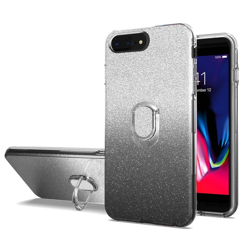 For Apple iPhone 8 Plus/7 Plus/6 Plus Gradient Shimmering Glitter RingStand Case Cover - Silver/Black