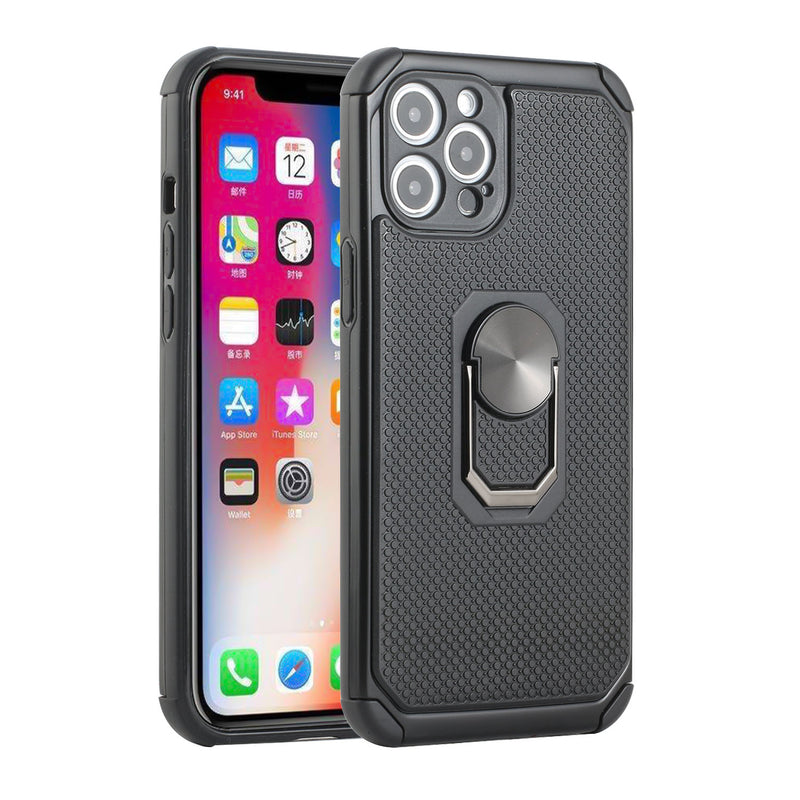 For iPhone 13 Pro Tough Rugged Hybrid with Magnetic Ring Stand Case Cover - Black