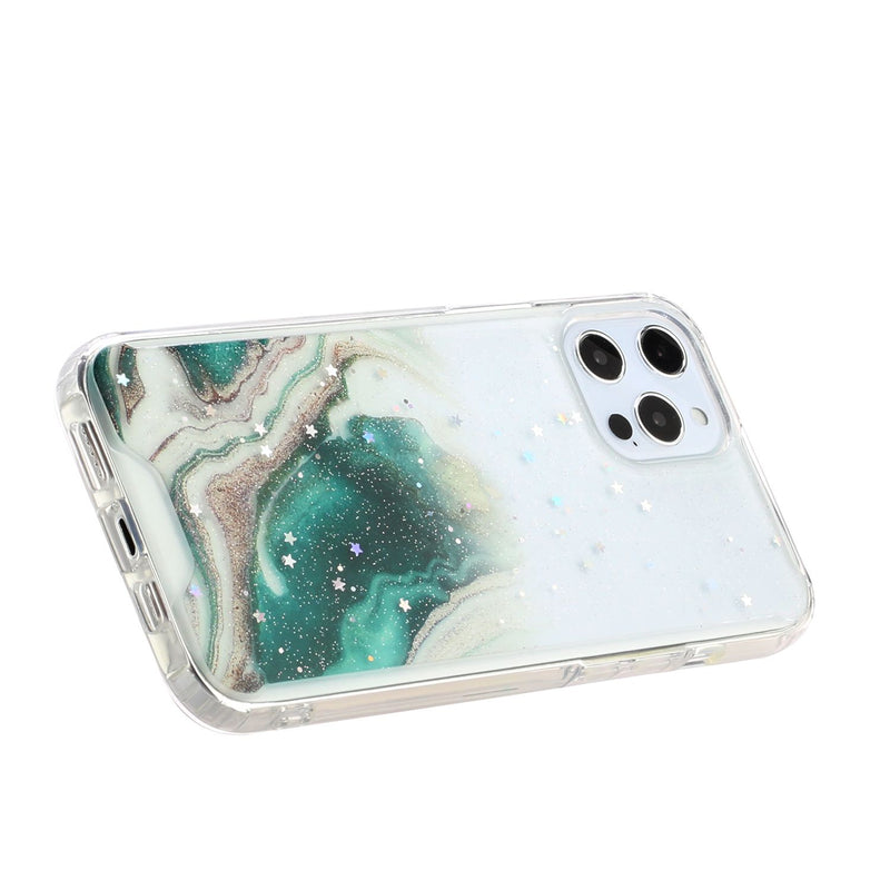 For iPhone 13 Pro Vogue Epoxy Glitter Hybrid Case Cover - Green Galaxy