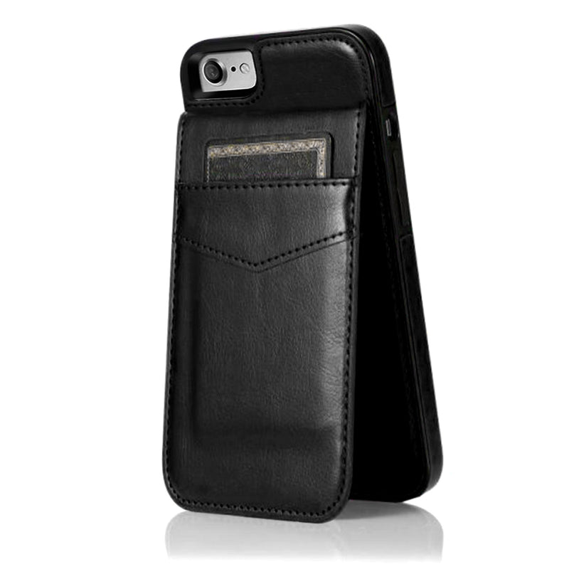 For Apple iPhone SE2 (2020) 8/7/6/6s Luxury Vertical Magnetic Button Card ID Holder PU Leather Case Cover - Black