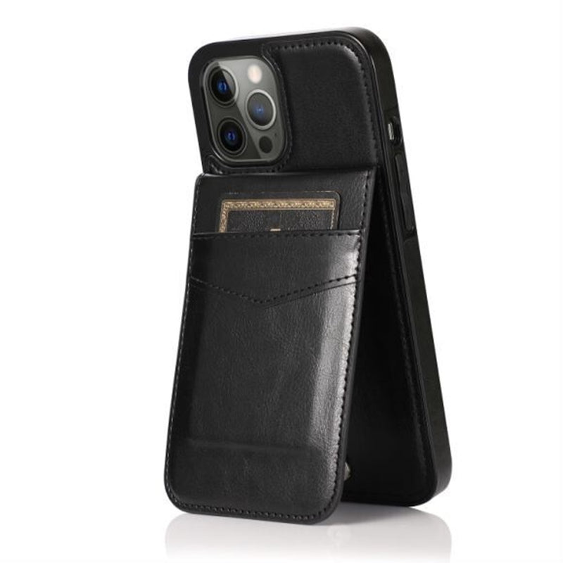 For Apple iPhone 11 (XI6.1) Luxury Vertical Magnetic Button Card ID Holder PU Leather Case Cover - Black