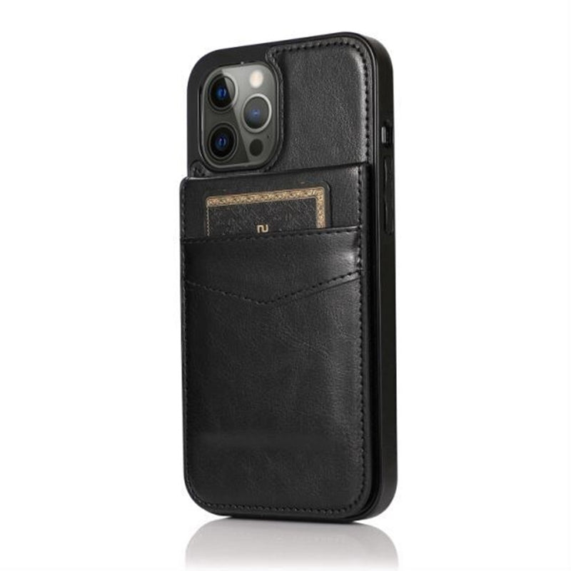For Apple iPhone 11 (XI6.1) Luxury Vertical Magnetic Button Card ID Holder PU Leather Case Cover - Black
